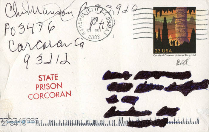 CHARLES MANSON (1934- , American criminal), handwritten 2002 postcard from State Prison Corcoran with full signatures (and hand-written return address). Also a 2009 envelope from Manson at Corcoran State Prison.