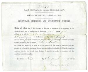 VICTORIA: GOLDFIELDS RESIDENCE AND CULTIVATION LICENSE dated 1st December 1884 in favour of John Nankervis of Wandiligong for the right to "reside on or to cultivate.....a parcel of land situated on a Goldfield..." in the Parish of Bright, County of Delat