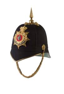 Royal Sussex Regiment officer's helmet with Queen Victoria crown, accompanied by framed print by R. Simkin