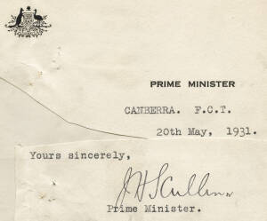 JAMES SCULLIN (1876-1953, 9th Prime Minister of Australia), nice signature on a piece cut from "Prime Minister" letterhead.