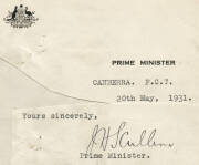 JAMES SCULLIN (1876-1953, 9th Prime Minister of Australia), nice signature on a piece cut from "Prime Minister" letterhead.