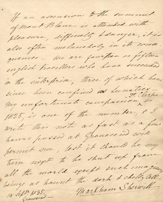 MARKAM SHERWILL (climber of Mont Blanc), nice signature on 1835 handwritten letter regarding his ascension of Mont Blanc in 1825, and that several of the climbers have since been confined as lunatics.