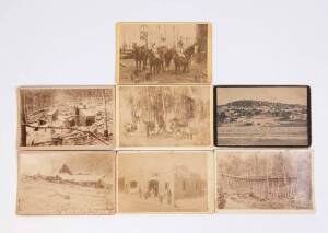 A group of seven 19th century cabinet portrait size photographs of outdoor Australian scenes, including Daylesford scene, D. Carrick, Maryborough Shoeing Forge, rail trestle bridge, saw milling, etc.