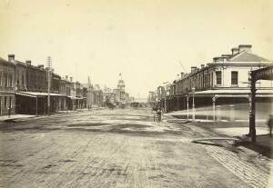 MELBOURNE & VICTORIA: A collection of albumen photographs laid down on card or paper pages; images of various sizes including "Elizabeth Street 1880"; Bourke Street; Collins Street; Flinders Street; Church of England Grammar School, St Kilda 1880"; The Ya