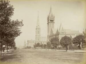 MELBOURNE by LINDT and other PHOTOGRAPHERS: A collection of albumen photographs laid down on card or pages; various sizes, with images including "Post Office, Melbourne"; Deaf and Dumb Asylum; The Public Library; Exhibition Buildings & Station; The Custom