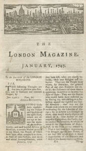 "THE LONDON MAGAZINE: or GENTLEMAN'S Monthly Intelligencer. MDCCXVII" [London, 1747], hard cover in contemporary worn half brown leather with title label to spine. A good example of this early Monthly Magazine bound up in book form; 616pp + index; plates 