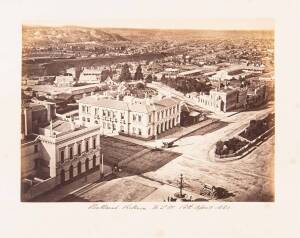 BALLARAT: A small collection of albumen prints including a fine aerial view of the main street, another of the Post Office/Bank of Australasia intersection, Botanical Gardens views, a gold mine at Ballarat and 2 Melbourne views. Various sizes; all laid do