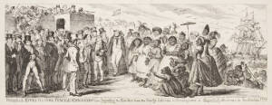 SATIRIC CARTOON: "Probable Effects of Over Female Emigration, or Importing the Fair Sex from the Savage Islands, in Consequence of, Exporting all our own to Australia!!!!!", by George Cruikshank [London, 1851], engraved print, size 44x19cm. Tape repair al