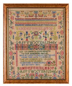 BOTANY BAY needlework sampler, 19th century cross-stitch needlework design on canvas