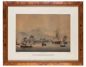 JAMES CLEVELEY (ACTIVE 1780s) View of Huaheine one of the Society Islands in the South Seas (The Arrival of Captain Cook) aquatint