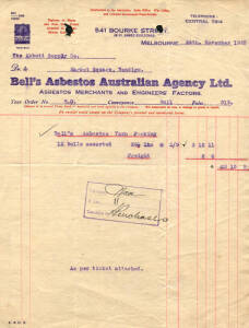 Ephemera. Group of business receipts and documents [late 19th to early 20th century]. Predominantly Melbourne, Geelong and Bendigo. Examples from "Thos Webb & Sons","Sargood Bros.", "Australian Explosives and Chemical co." and many more.