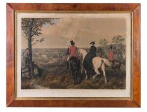 J.H.HERRING SENIOR Fox Hunting coloured engraving housed in fine Tasmania huon pine frame