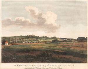 James Heath (1757-1834) after watercolour paintings by Edward Dayes, believed to be after convict Thomas WatlingA South East view in Sydney, extending from the old to the new barracks, including the Church, Pitt and Spring Rows