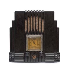 The Fisk A.W.A Radiolette black bakelite cased mantel radio (no back)29cm high