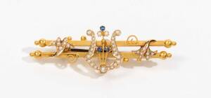 An Australian gold double bar lyre brooch set with seed pearls and blue doublets by Aronson & Co, Melbourne, circa 1900