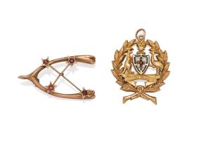 A gold and enamel Coat of Arms pendant by Willis and Sons, Melbourne & a Southern Cross wish bone brooch by Aronson & Co, Melbourne, circa 1900