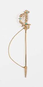 An Australian turquoise and seed pearl jabot pin by Duggin, Shappere & Co, Melbourne, circa 1900 designed as an elaborate sword