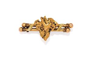 An Australian goldfields double bar brooch set with a gold nugget, circa 1890, stamped "15CT"