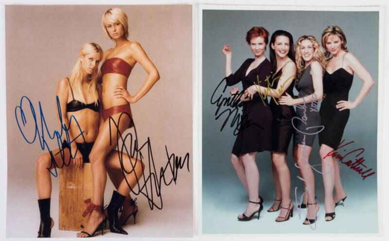 ALBUM OF AUTOGRAPHS, noted Sex and the City (signed by 4 cast members); Desperate Housewives (signed by 4 cast members); Delta Goodrem, Jessica Simpson (3), Paris & Nicky Hilton, Sarah Michelle Gellar; together with album of Buffy cards. 