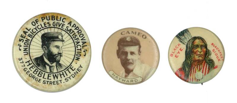 BADGES/PINS: c1896-1930s collection, highlights include c1896 Pepsin "Native American Indians" (3); c1896 "Union Bicycles/ Hebblewhite/ 377 George Street, Sydney"; 1901 British American Tobacco (issued in Australia) "Cameo English Cricketers" (2) & Cameo