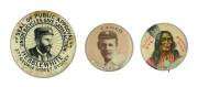 BADGES/PINS: c1896-1930s collection, highlights include c1896 Pepsin "Native American Indians" (3); c1896 "Union Bicycles/ Hebblewhite/ 377 George Street, Sydney"; 1901 British American Tobacco (issued in Australia) "Cameo English Cricketers" (2) & Cameo 