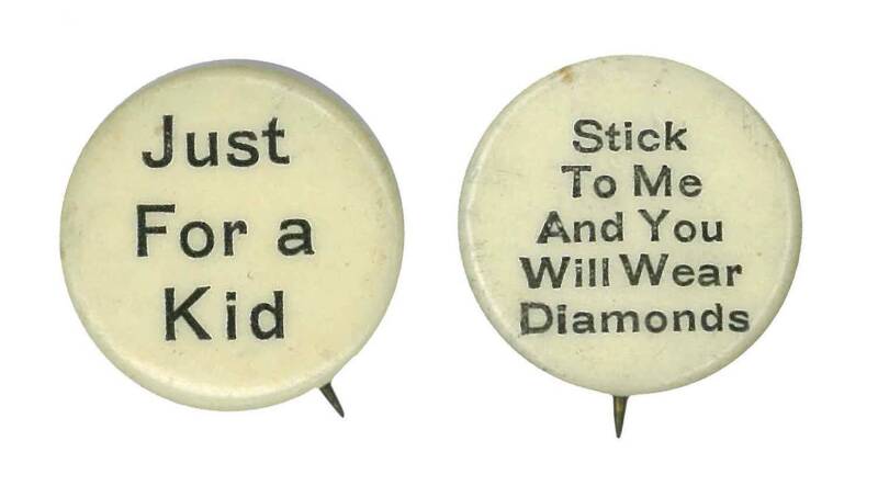 c1896 Dewar's Whisky advertising badges/pins (8), humorous messages including "Wink If It Is Yes", "Where Do You Spend Your Evenings" & "Fine as Silk". Made by Whitehead & Hoag (USA), five with original backing paper. G/VG.