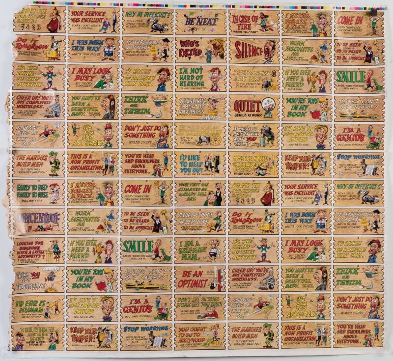 1982 Scanlens "Wacky Plak" uncut part sheet of 84, comprising [54/84 + 30 spares]. Roughly torn along left edge so some damaged.