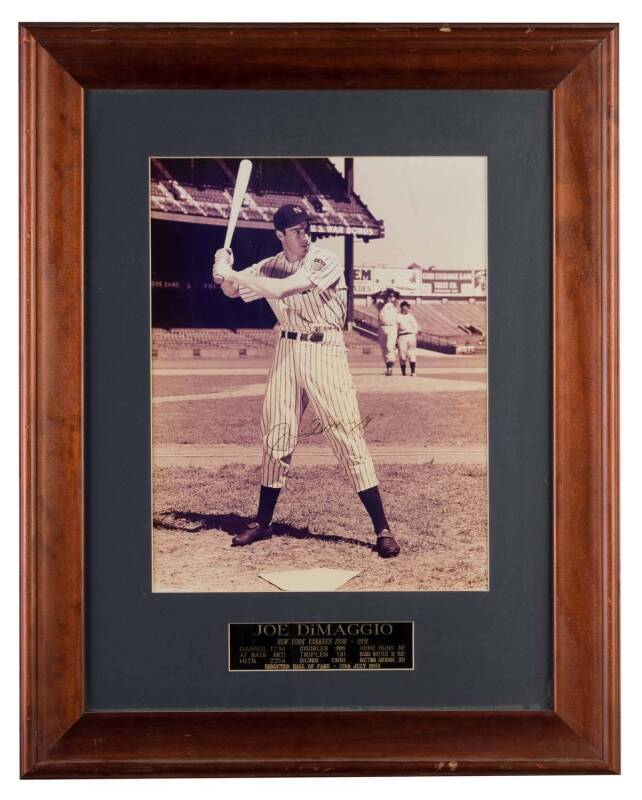 JOE DI MAGGIO, display comprising signed photograph, window mounted, framed & glazed, overall 47x59cm. With CoA.