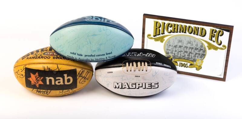 FOOTBALL & GOLF: Signed footballs (3), including c1975 Collingwood & c1985 North Melbourne; "Richmond - First Premiership Team 1905" mirror; "Birdie Putt", mechanical coin bank toy (appears to be a modern replica).