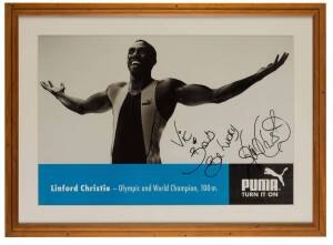 FRAMED DISPLAYS: Signed posters of Mark Taylor & Linford Christie. Both framed, various sizes. (2 items).