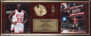 MICHAEL JORDAN, display with signed photograph, window mounted with another photo with facsimile autograph, framed & glazed, overall 67x27cm.