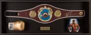 MIKE TYSON, display with signatures on replica boxing belt & boxing glove, window mounted with photo, framed & glazed, overall 149x64cm. With CoA.