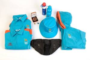2006 COMMONWEALTH GAMES IN MELBOURNE, Group with Participation Medal in original presentation case; shirts (2), trousers, jacket, hat, bum-bag, drink bottle & security pass.