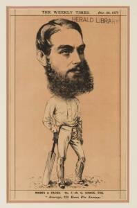 W.G.GRACE, 1873 lithograph, "Masks & Faces. No.7 - W.G.Grace, Esq. Average, 220 Runs Per Innings" from 'The Weekly Times' (Australia) Dec.20, 1873, window mounted, framed & glazed, overall 38x53cm. A splendid lithograph of the young W.G.Grace, handstamped