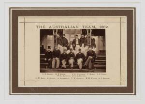 1882 AUSTRALIAN TEAM TO ENGLAND: Original photograph of the team (9x6cm), with the title, "The Australian Team, 1882", and players' names printed on page, window mounted, framed & glazed, overall 32x27cm. Scarce.&nbsp;