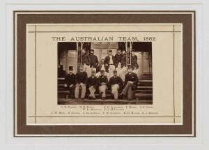 1882 AUSTRALIAN TEAM TO ENGLAND: Original photograph of the team (9x6cm), with the title, "The Australian Team, 1882", and players' names printed on page, window mounted, framed & glazed, overall 32x27cm. Scarce. 