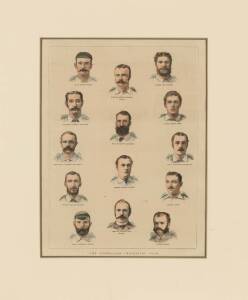 1882 AUSTRALIAN TEAM: 1882 newspaper engraving titled "The Australian Cricketing Team", from 'The Graphic' June 3 1882, hand-coloured, window mounted, framed & glazed, overall 48x57cm.