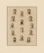 1882 AUSTRALIAN TEAM: 1882 newspaper engraving titled "The Australian Cricketing Team", from 'The Graphic' June 3 1882, hand-coloured, window mounted, framed & glazed, overall 48x57cm.