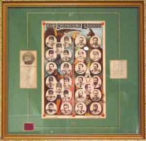 "OUR CRICKETING GUESTS", attractive colourful lithograph print of the 1884 Australian & Philadelphian cricket teams, decorated with kangaroo, cockatoo, eagle & bear, published as a frontispiece to an edition of 'The Boys Own Paper', window mounted, framed
