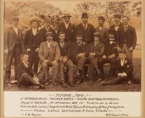 1895 VICTORIAN TEAM, original photograph of the team in Adelaide, by M.Gann, with each player identified on the mount, includes George & Albert Trott, Frank Laver & umpire R.M.Crockett, framed and glazed, overall 49x41cm. Photograph with tiny fault at lef