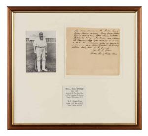 W.G.GRACE, lovely signature on hand-written letter, extolling the virtues of motor mowers, signed "Dr W.G.Grace, London County Cricket Club", window mounted with picture of W.G.Grace in his cricket gear, framed & glazed, overall 53x49cm.