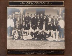 1908 MONTY NOBLE'S BENEFIT MATCH, AUSTRALIAN XI v REST OF AUSTRALIA, a rare large-format photograph showing both teams, with title "M.A.Noble's Benefit Match, Australian XI v Rest of Australia, March 1908", and players names on mount in gold block letteri