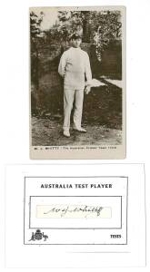 BILL WHITTY, signature on piece. Together with postcard "W.J.Whitty (The Australian Cricket Team 1909)". [William Whitty played 14 Tests 1909-12. Australian Test Player No.95].