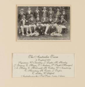 1921 AUSTRALIAN TEAM, postcard of team with 15 signatures on front including Warwick Armstrong, Jack Gregory, Warren Bardsley & Jack Ryder. Postcard with some fading to signatures, though very scarce. Window mounted, framed & glazed, overall 37x38cm.