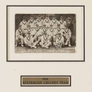 1926 AUSTRALIAN TEAM, postcard "The Australian Team 1926", with 17 signatures including Herbert Collins, Clarrie Grimmett, Bill Woodfull & Bill Ponsford; window mounted, framed & glazed, overall 37x35cm.