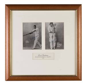 DON BRADMAN, display with pictures of Bradman demonstrating the Pull Shot & Leg Glance, both signed, window mounted, framed & glazed, overall 43x43cm.