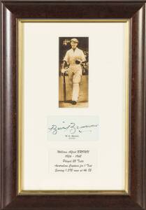 BILL BROWN, display comprising nice signature on card, window mounted with photograph of Bill Brown walking out to bat, framed & glazed, overall 25x36cm. [Bill Brown played 22 Tests 1934-48, including one as Australian captain].