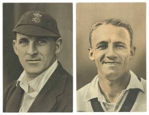 1936 Real Photogravure Portrait postcards "Australian & English Cricketers 1936-37", complete set comprising Bradman, Brown, Chipperfield, Darling, Fingleton, Fleetwood-Smith, Grimmett, McCabe, Oldfield, O'Reilly, Allen, Duckworth, Fagg, Fishlock, Hammond