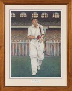 DON BRADMAN, print "Don Bradman, MCG 3rd Test Versus England 1937" by Michael Parker, an Artist's Proof, signed on the reverse by the artist, window mounted, framed & glazed, overall 80x100cm.