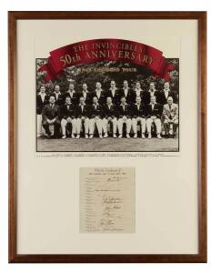 1948 AUSTRALIAN INVINCIBLES, display comprising official team sheet with 16 signatures including Don Bradman, Lindsay Hassett & Bill Brown, plus the usual handstamp of Sidney Barnes (some fading); window mounted with 50th Anniversary team poster, framed &